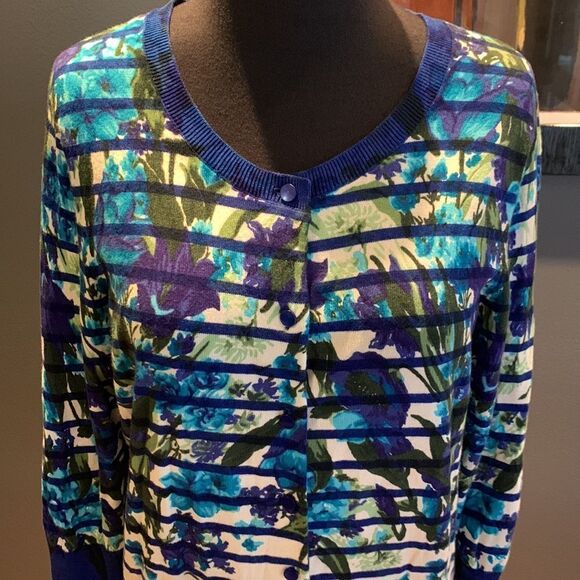 Talbots blue/white stripe floral pattern overlay cardigan sweater. - Picture 2 of 7